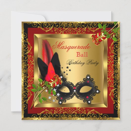 Masquerade Party Ball Gold Red Black Mask Rose Einladung (Vorderseite)