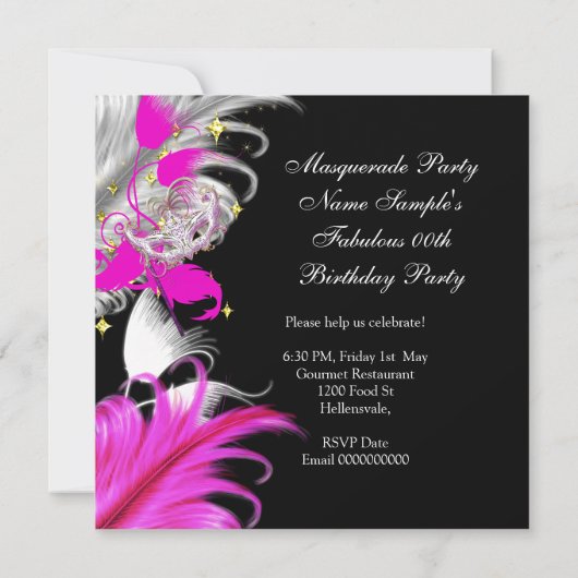 Masquerade Party Birthday Hot Pink Maske Feathers Einladung (Rückseite)
