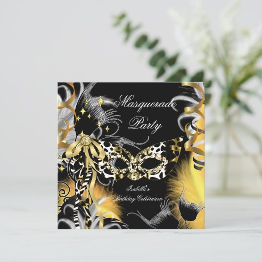 Masquerade Party Birthday Wilde Maske Schwarzes Go Einladung (Stehend Vorderseite)