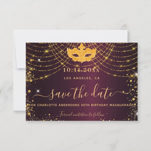 Masquerade Party burgundy Gold Glitzer Glitzern Save The Date (Vorderseite)