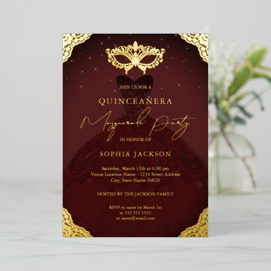 Masquerade Party Burgundy Kleid Quinceanera Folieneinladung (Stehend vorne)
