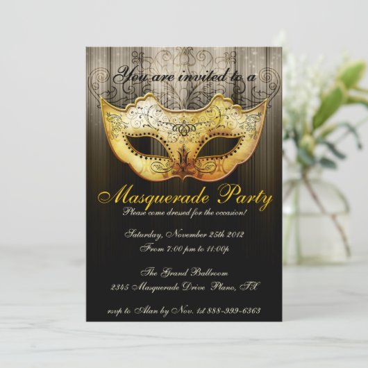 Masquerade Party Celebration Extravagant Gold Einl Einladung (Stehend Vorderseite)