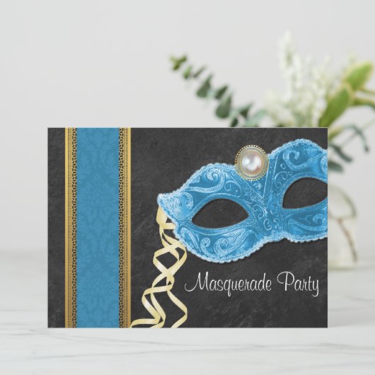 Masquerade-Party Einladung - aquamarin & Gold (Stehend Vorderseite)