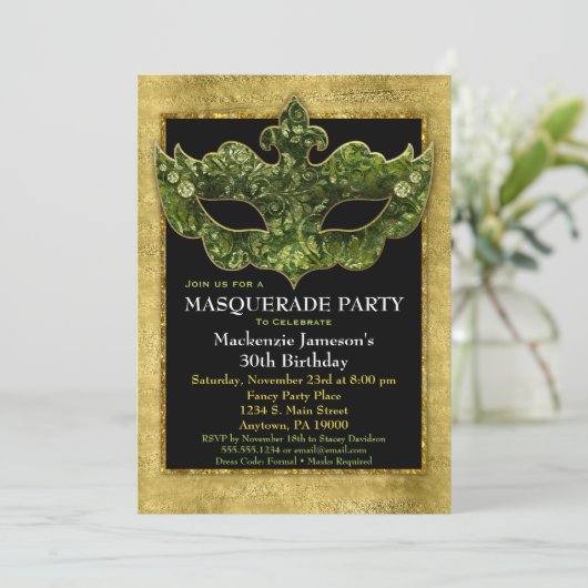 Masquerade Party Einladung Gold Green Geburtstag (Stehend Vorderseite)