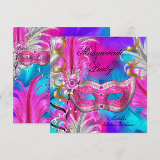 Masquerade Party Geburtstag Aquamarin Lila Rosa Einladung
