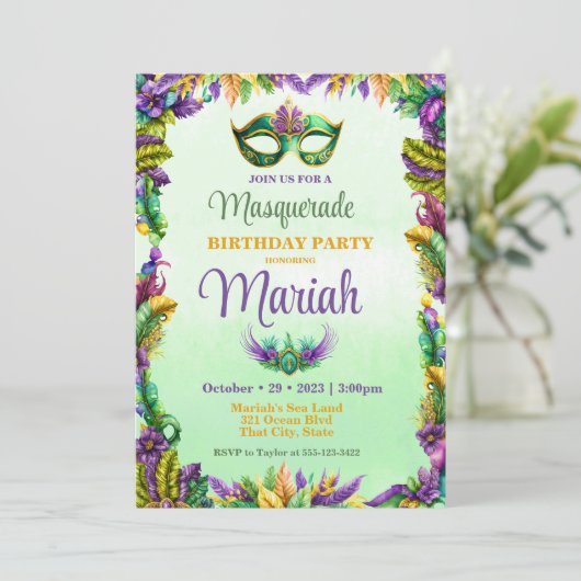 Masquerade Party Geburtstag Einladung (Stehend Vorderseite)