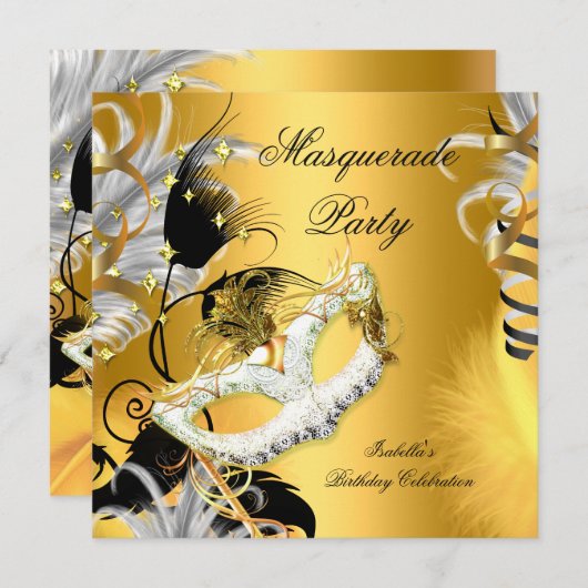 Masquerade Party Geburtstagsmaske Schwarzes Gold Einladung (Vorne/Hinten)