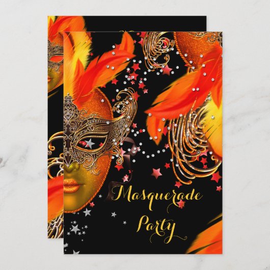 Masquerade Party Gelbe orange Schwarze Masken Einladung (Vorne/Hinten)