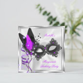Masquerade Party Glitzer Lila Silberschwarze Maske Einladung (Stehend Vorderseite)