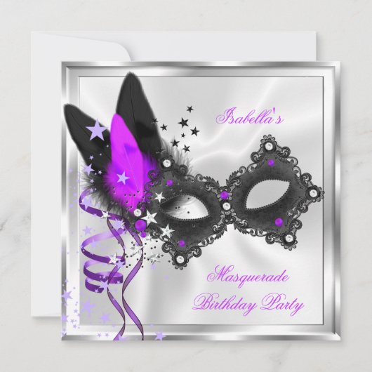 Masquerade Party Glitzer Lila Silberschwarze Maske Einladung (Vorderseite)