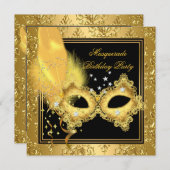 Masquerade Party Gold Damaskade Schwarz Gelbe Mask Einladung (Vorne/Hinten)