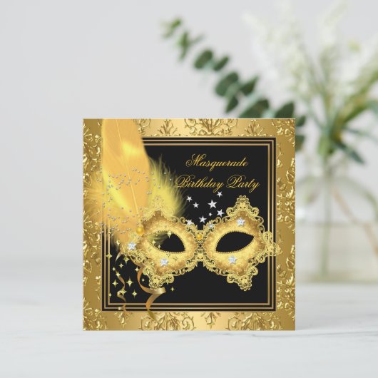 Masquerade Party Gold Damaskade Schwarz Gelbe Mask Einladung (Stehend Vorderseite)