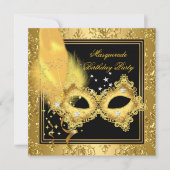 Masquerade Party Gold Damaskade Schwarz Gelbe Mask Einladung (Vorderseite)