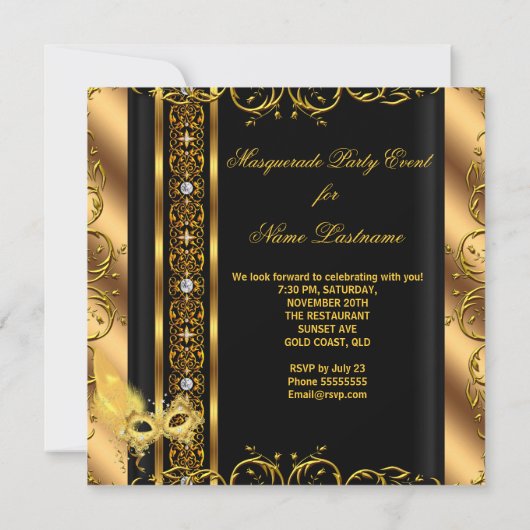 Masquerade Party Gold Schwarze Gelbe Maske 6 Einladung (Rückseite)