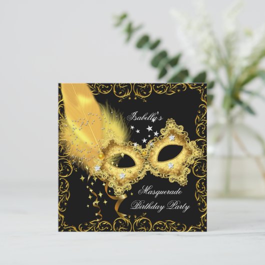 Masquerade Party Gold Schwarze Gelbe Maske Einladung (Stehend Vorderseite)