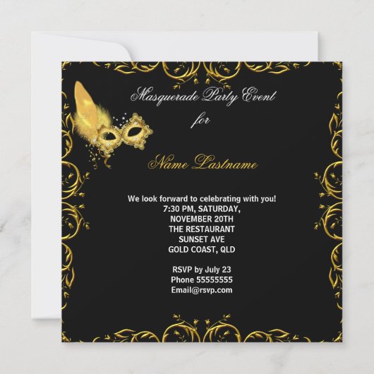 Masquerade Party Gold Schwarze Gelbe Maske Einladung (Rückseite)