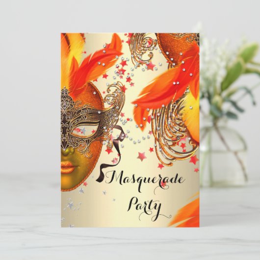 Masquerade Party Goldgelbe Orangencreme Masken Einladung (Stehend Vorderseite)