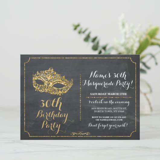 MASQUERADE Party Goldmaske Einladung 30. 40. 50. (Stehend Vorderseite)