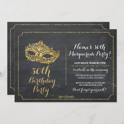 MASQUERADE Party Goldmaske Einladung 30. 40. 50. (Vorne/Hinten)
