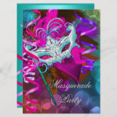 Masquerade Party Maske Aquamarin rosa Metallic 2 Einladung (Vorne/Hinten)