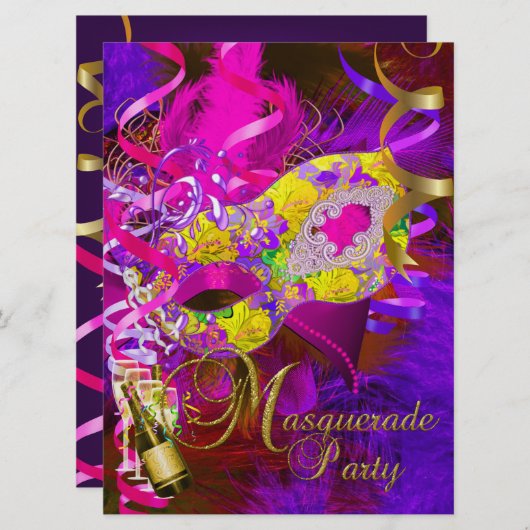 Masquerade Party Masken Champagner Gelb Einladung (Vorne/Hinten)