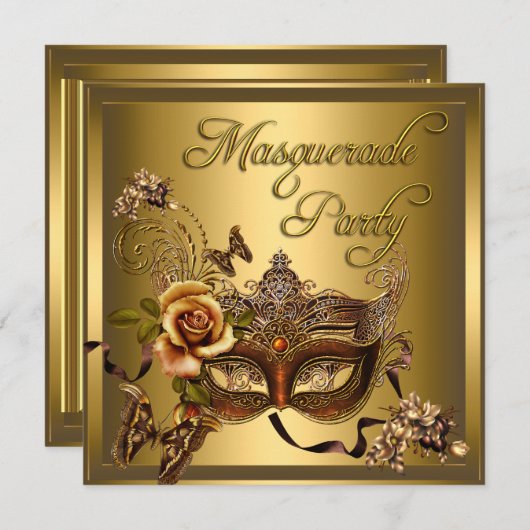 Masquerade Party Masken Gold Black Birthday Einladung (Vorne/Hinten)