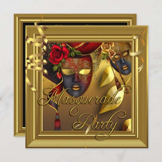 Masquerade Party Masken Gold Black Birthday Einladung (Vorne/Hinten)