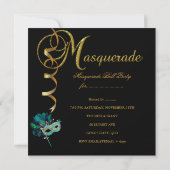 Masquerade Party Masken Schwarzes Gold Aquamarin Einladung (Rückseite)