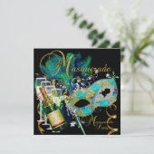 Masquerade Party Masken Schwarzes Gold Aquamarin Einladung (Stehend Vorderseite)