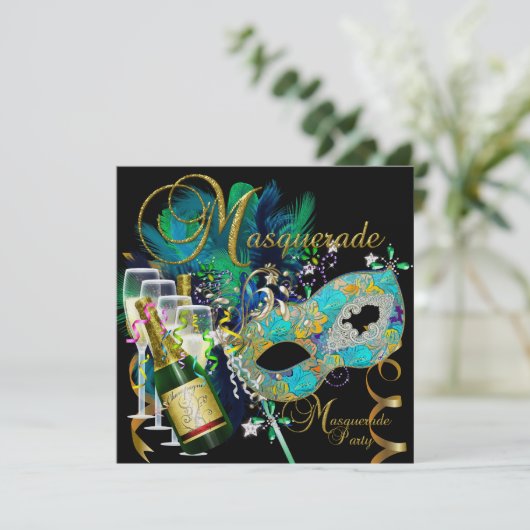 Masquerade Party Masken Schwarzes Gold Aquamarin Einladung (Stehend Vorderseite)