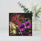 Masquerade Party Masken Schwarzes Rosa Einladung (Stehend Vorderseite)