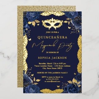 Masquerade Party Navy Blumenace Quinceanera Folieneinladung
