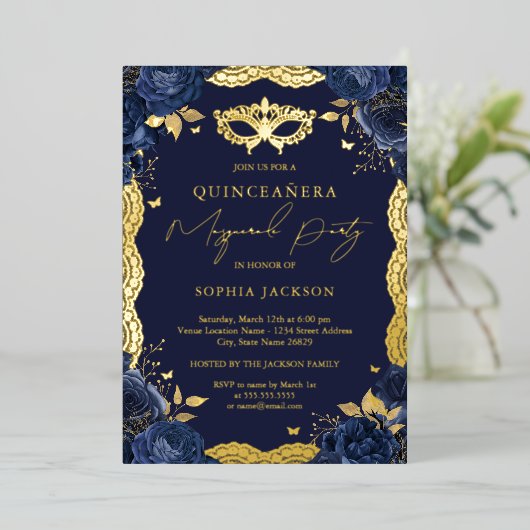 Masquerade Party Navy Blumenace Quinceanera Folieneinladung (Stehend vorne)
