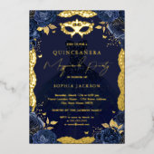 Masquerade Party Navy Blumenkleid Quinceanera Folieneinladung (Vorderseite)