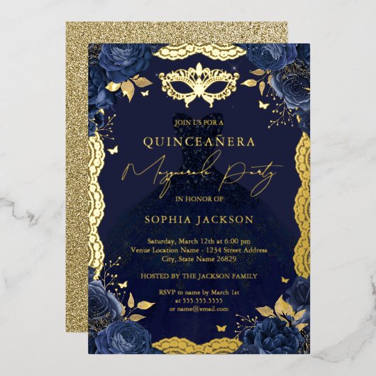 Masquerade Party Navy Blumenkleid Quinceanera Folieneinladung (Vorderseite/Rückseite)