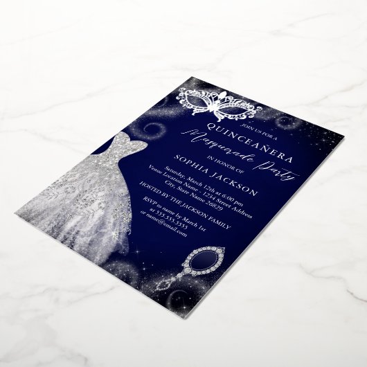 Masquerade Party Navy Silver Dress Quinceanera Folieneinladung (Gedreht)