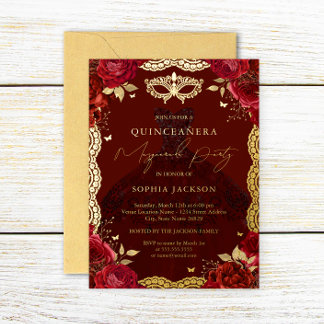 Masquerade Party Red Gold Rose Kleid Quinceanera Folieneinladung