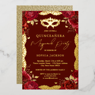 Masquerade Party Red Gold Rose Lace Quinceanera Folieneinladung