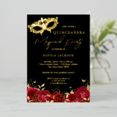 Masquerade Party Red Gold Rose Maskenbildner Folieneinladung (Stehend vorne)