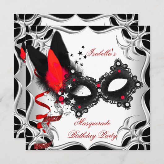 Masquerade Party Red Silver Mask Einladung (Vorne/Hinten)