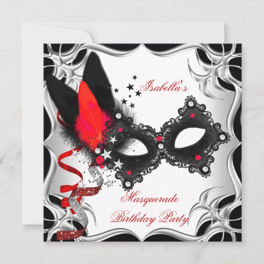 Masquerade Party Red Silver Mask Einladung (Vorderseite)