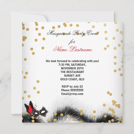 Masquerade Party Rote Heels Weißes Gold Schwarze M Einladung (Rückseite)