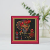 Masquerade Party Rote Masken Gold Schwarzer Geburt Einladung (Stehend Vorderseite)