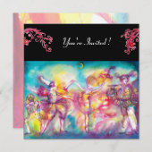 MASQUERADE-PARTY, rote Schnörkel Einladung (Vorne/Hinten)