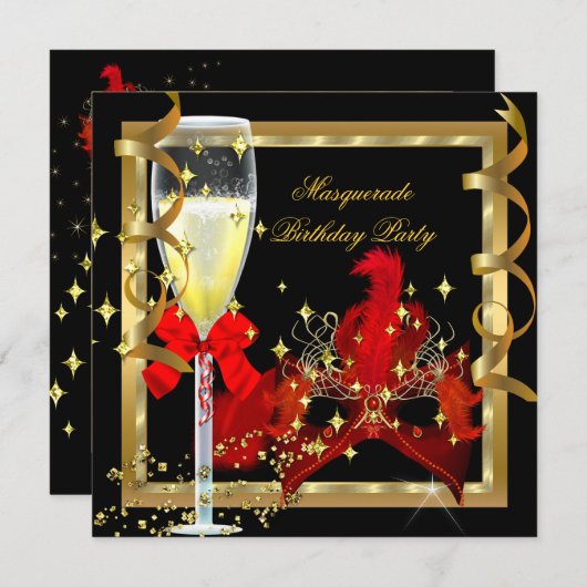 Masquerade Party Rotes Gold Maske Champagner Einladung (Vorne/Hinten)