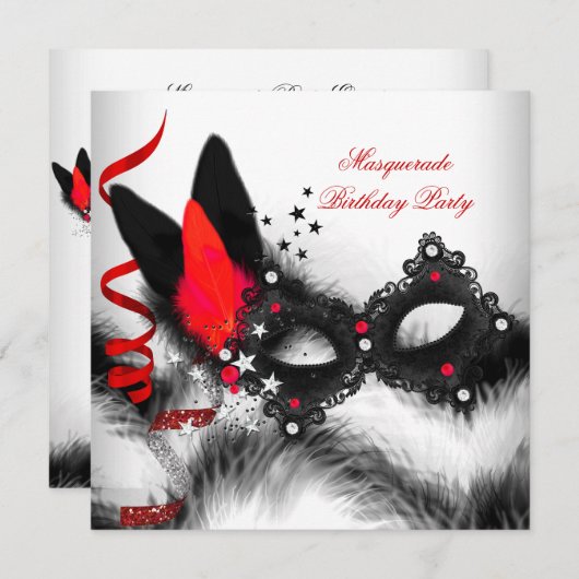 Masquerade Party Rotes Schwarzes Maske Einladung (Vorne/Hinten)