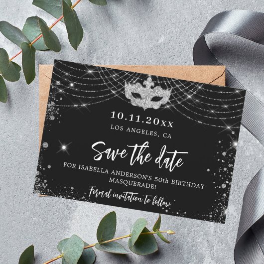 Masquerade Party Schwarz-Silber Save the Date Kart