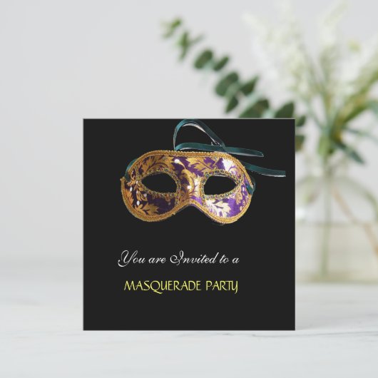 MASQUERADE-PARTY, Schwarz-weiß blau Einladung (Stehend Vorderseite)