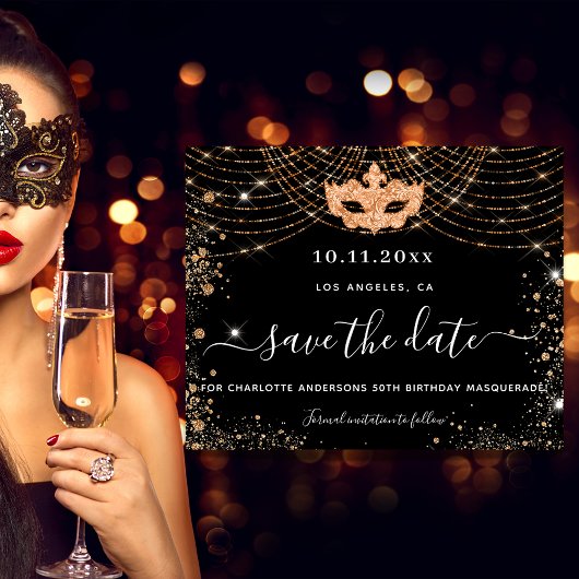 Masquerade Party schwarzes Gold Save the Date Flyer