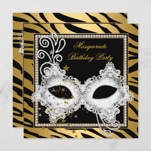 Masquerade Party Silver Gold Zebra Schwarze Maske  Einladung (Vorne/Hinten)